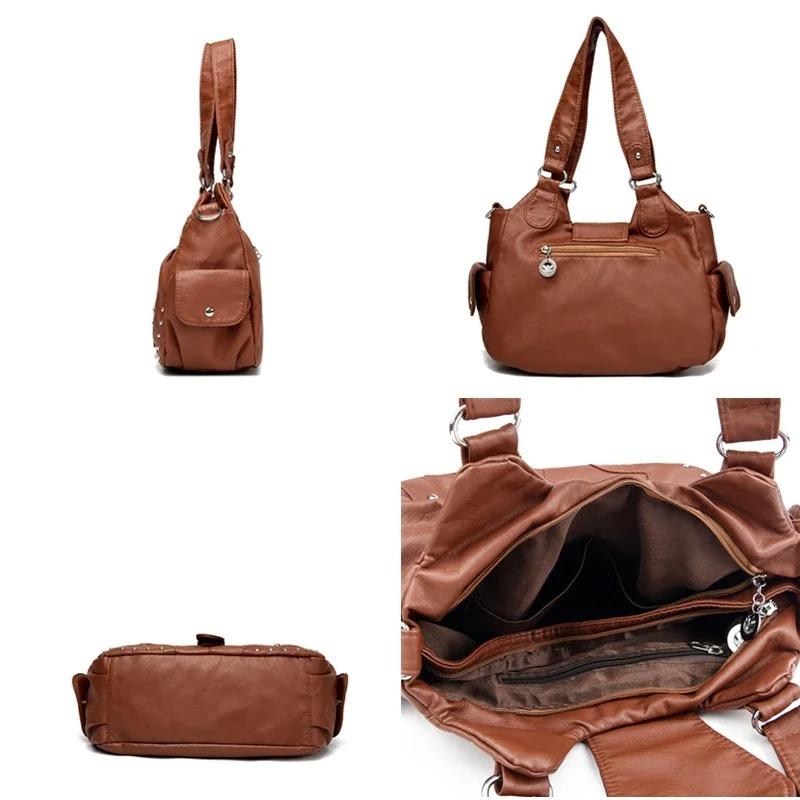 Stilvolle Lederhandtasche mit silbernen Nieten und Metallschnalle Damen Hohe Kapazität Vintage Weiches Leder Damen Lässige Schulter-Umhängetasche Reise