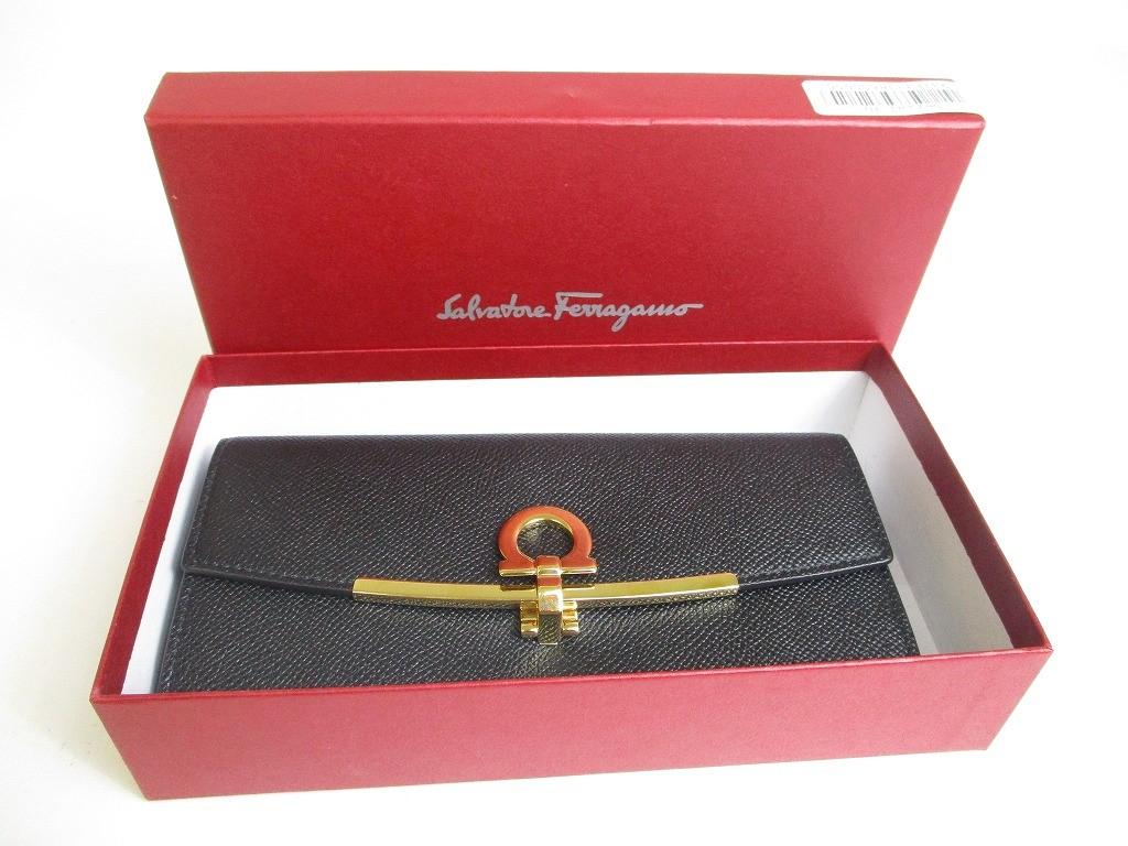 Authentic Salvatore Ferragamo Gancini Black Leather Gold H/W Flap Long Wallet #a429  Refurbished