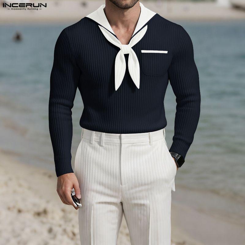 INCERUN Men Sailor Collar Long Sleeve Stitching Autumn Rib Knitted Pullovers Tops