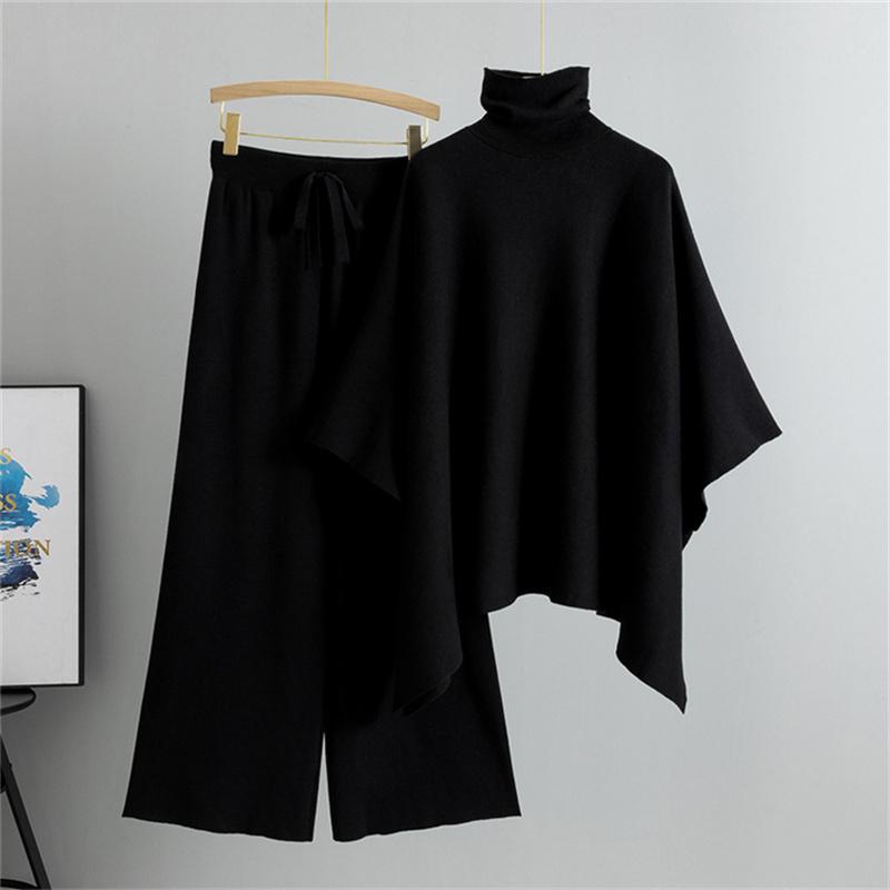 

Женский осенне-зимний модный комплект из двух предметов Водолазка-кейп Вязаный свитер Брюки широкого кроя Темпераментный комплект One Size чёрный