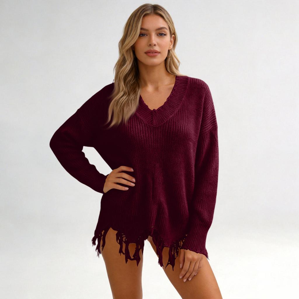 Women's Loose Fit Deep V-Neck Pullover Knit Sweater for Casual Fashion