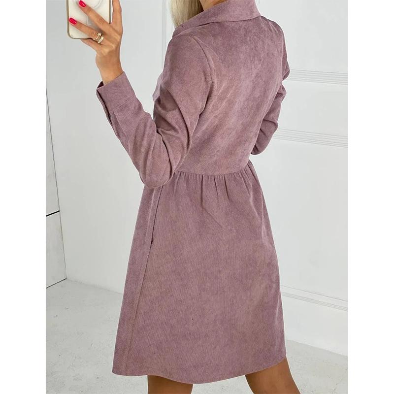 Robe Chemise en Velours Côtelé pour Femme Manches Longues Boutonnée Midi Maxi Automne Hiver