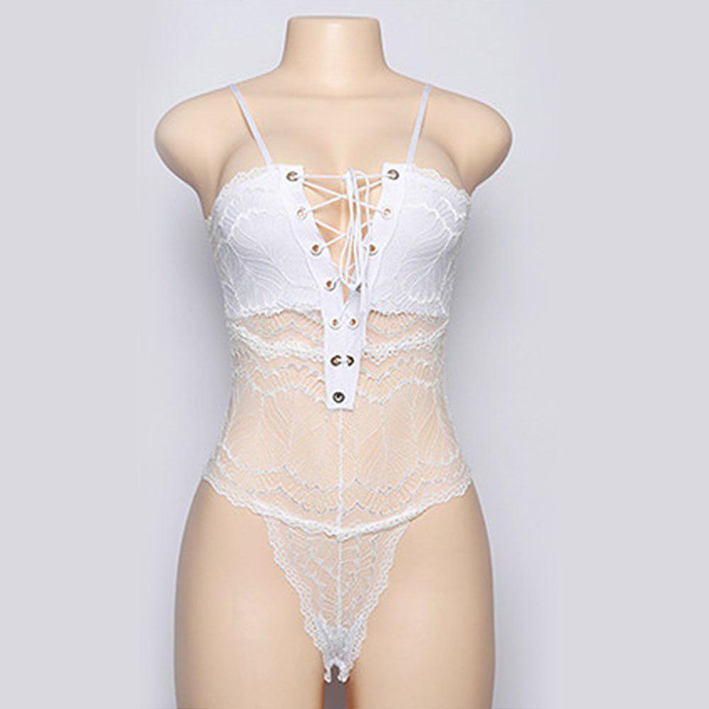 Transparent Lace Sexy V Neck Sleeveless Lace-ups Bodysuits Slim Bodycon Hollow Out Bandage Bodysuit