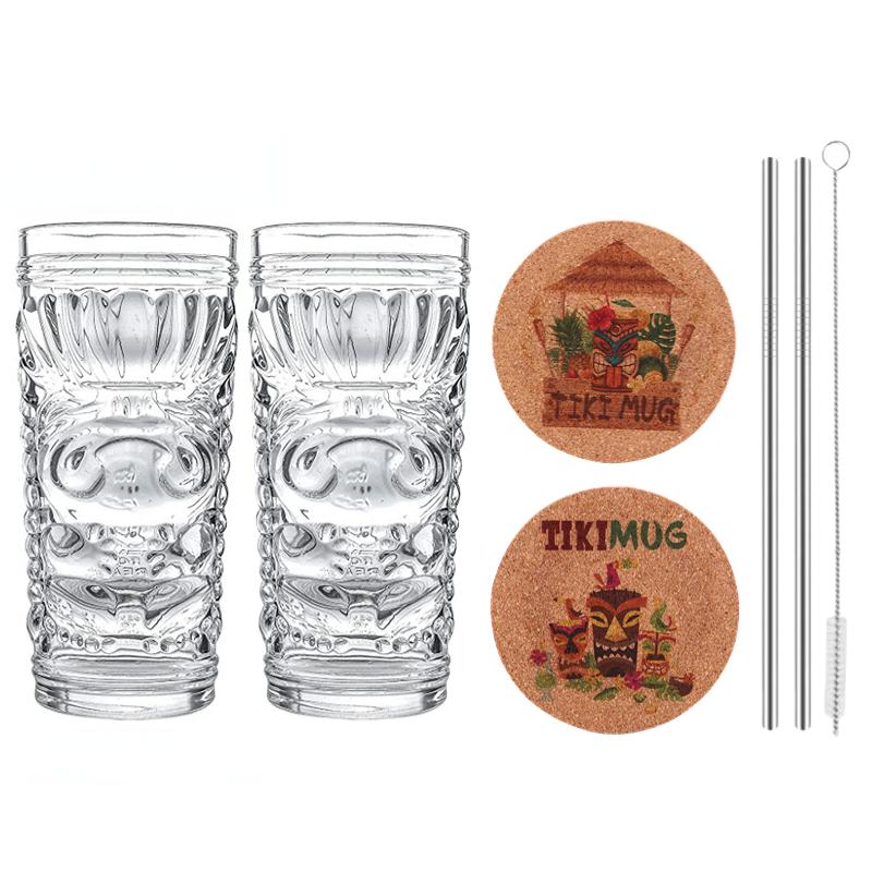 

7 Pcs Tiki Mugs Creative Cocktail Set Hawaiian Ceramic Tiki Mug With Coaster Straw And Brush Bar Tools For Party Bar 601-700ml