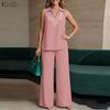 Women Sleeveless Print Vest Tops and Long Pants Casual Two Piece Suit Sets
