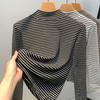 Autumn and Winter Bottoming Shirt Women's Long-sleeved Semi-turtleneck German Velvet Thermal Top Striped Inside Slim Long-sleeved T-shirt