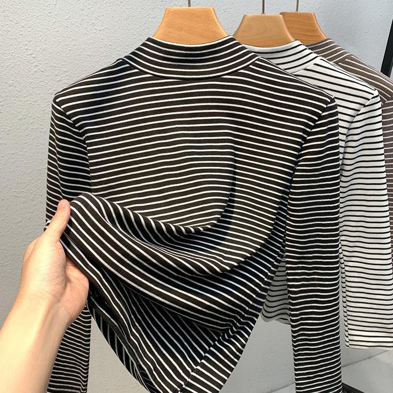 Autumn and Winter Bottoming Shirt Women's Long-sleeved Semi-turtleneck German Velvet Thermal Top Striped Inside Slim Long-sleeved T-shirt