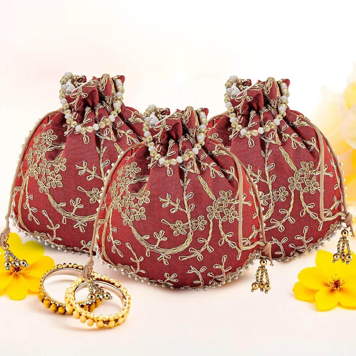 

Pack of 3 Potli Bags for Ladies & Girls | Women Shagun Pouches for Festive Seasons | Embroidery Batwa Bag Bridal Purse -Maroon