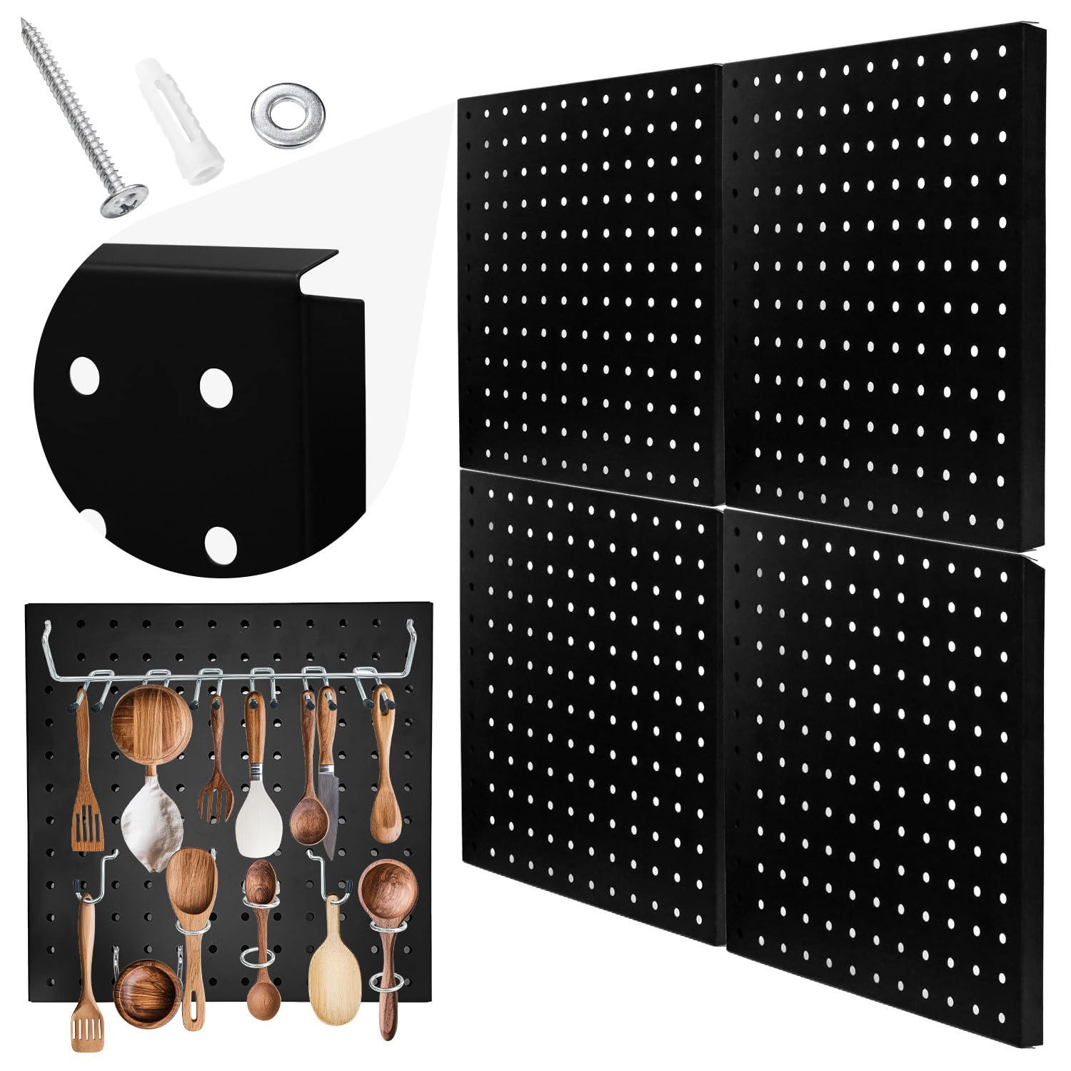 

Перфорированная стальная доска Socpuro, 31 x 30,5 см, Набор из 4 штук, Черная, Диаметр отверстия 6 мм, Крепление на стену, Доска для пробивки, Для коммерческого использования, Хранение инструментов, Склад