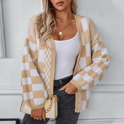 Contrast Plaid European and American Style Sweater Autumn and Winter New Casual Loose Lantern Sleeve Knitted Cardigan