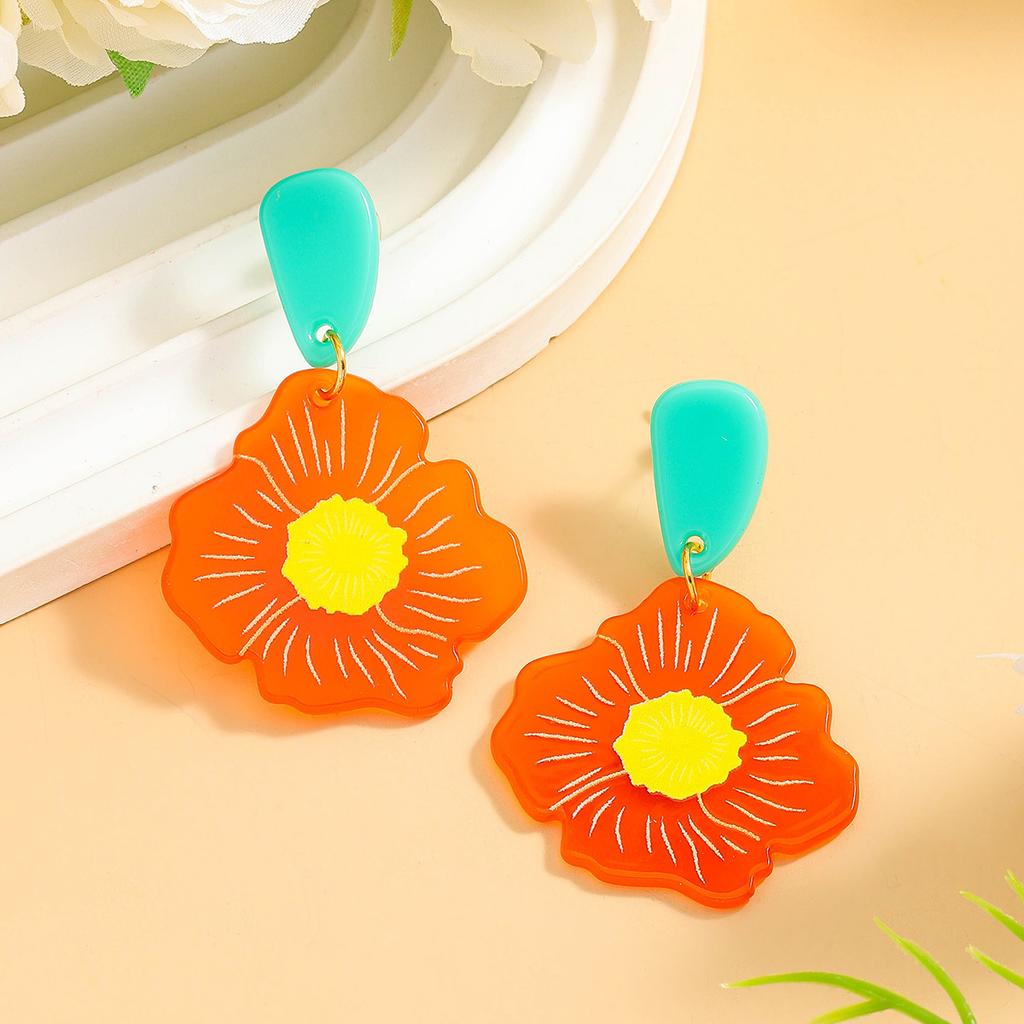 Cartoon cute flower plate earrings women's personality trend color matching acrylic earrings casual daily