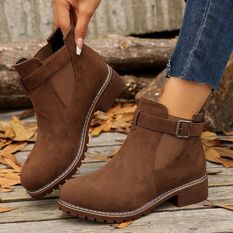 Women's Boots for Autumn and Winter, Elastic Belt Buckle Round Toe Square Heel Midsole Boots for Women, Solid Color Versatile