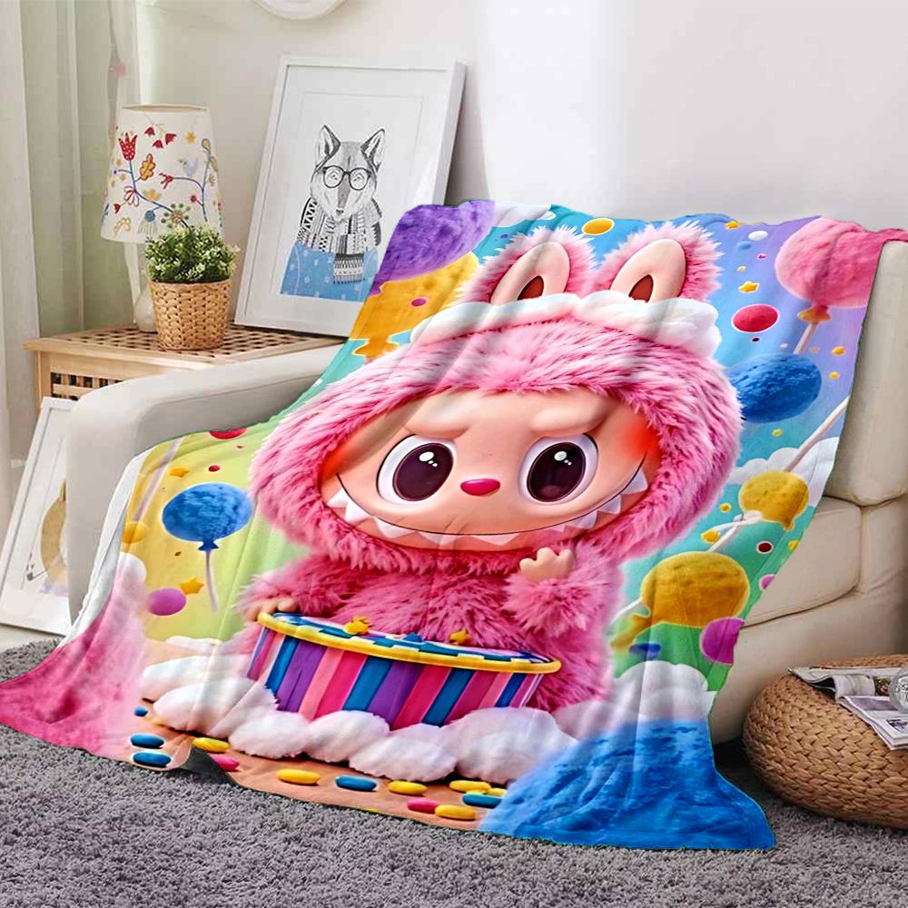 1Pc Cute Labubu Blanket Soft Comfortable Polyester Blanket All Season Use Suitable Bedroom Office Outdoor Perfect Christmas Gift Choice Print Home Bla