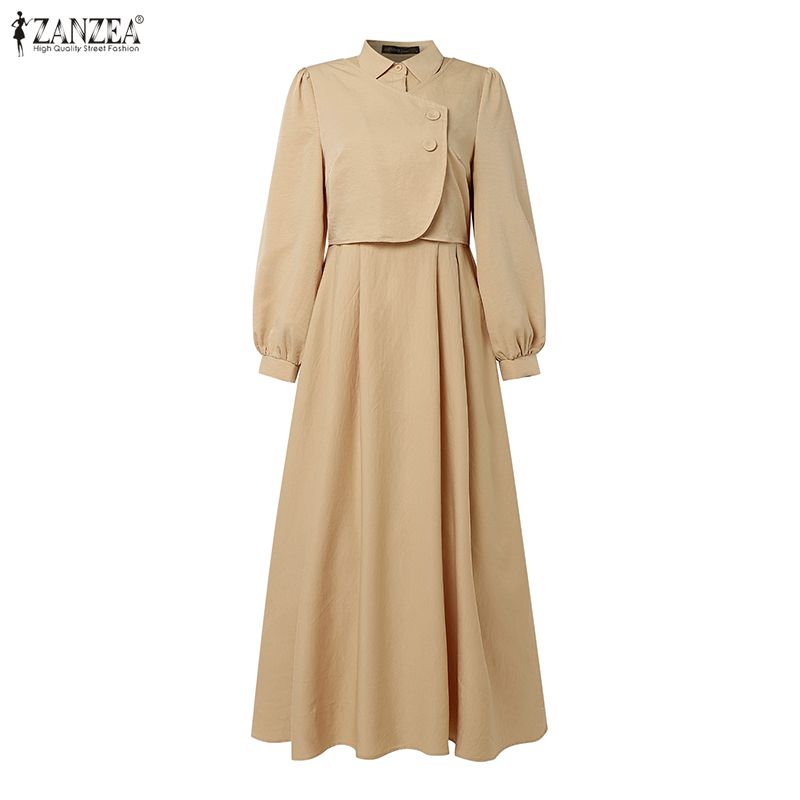 ZANZEA Women Casual Turn Down Collar Solid Color Long Sleeve Muslim Dress