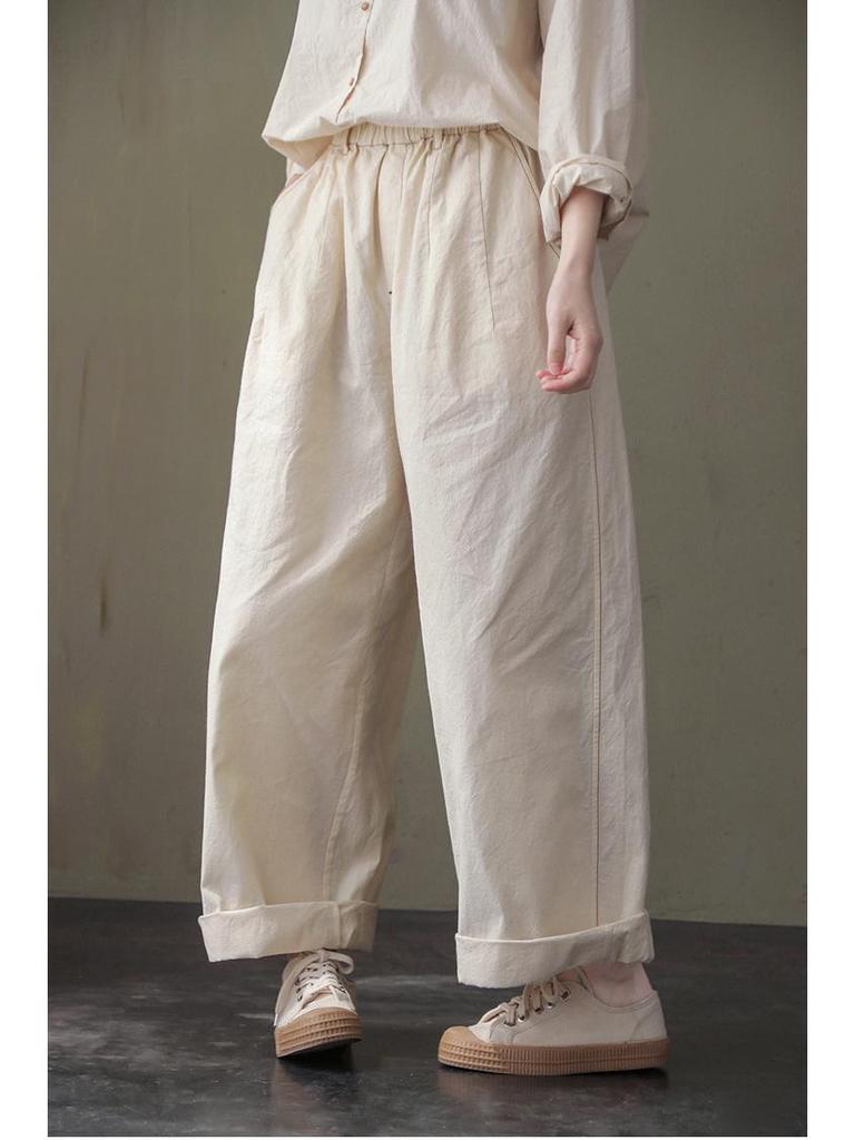 Women's Three-Season Retro Elastic Waist Wide-Leg Pants - Simple and Stylish In Raw Embryo Color