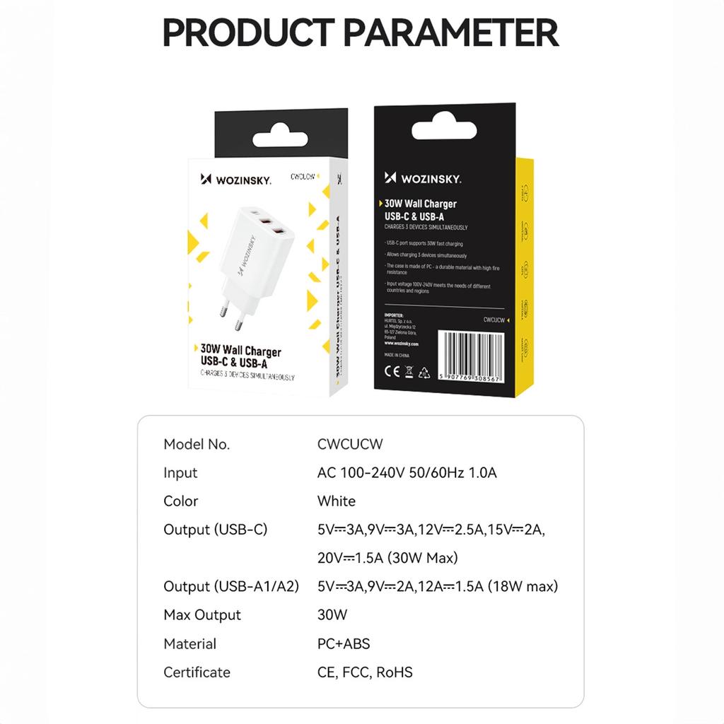 Ładowarka Sieciowa Wozinsky Cwcucw 30W Usb-C / 2 X Usb-A - Biała