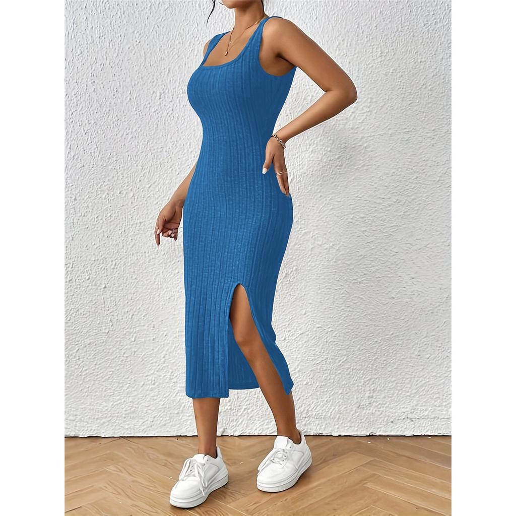 Women's Sleeveless Square Collar Suspender Furry Vertical Vest Dress Elegant Sexy Slit Legs Midi Dress