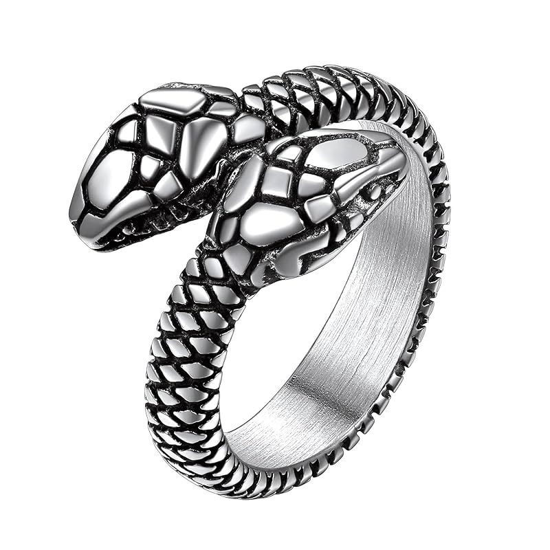 

[Richsteel] snake ring men s snake ring stainless Allergy friendly antique style unique two-headed divine snake money luck cool for men accessories