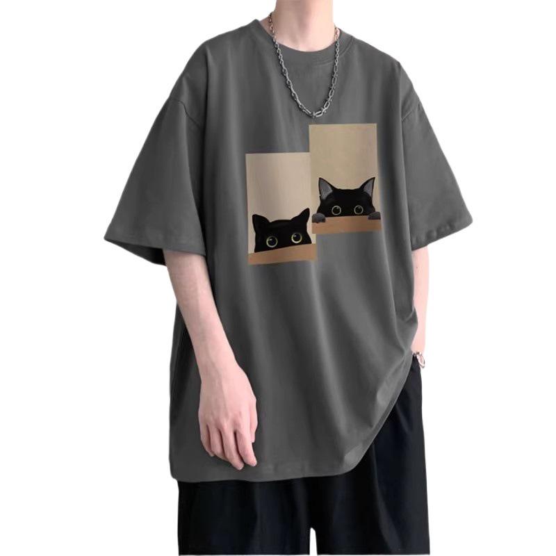 Men's Short-Sleeve Cotton Loose Print Round Neck Tee