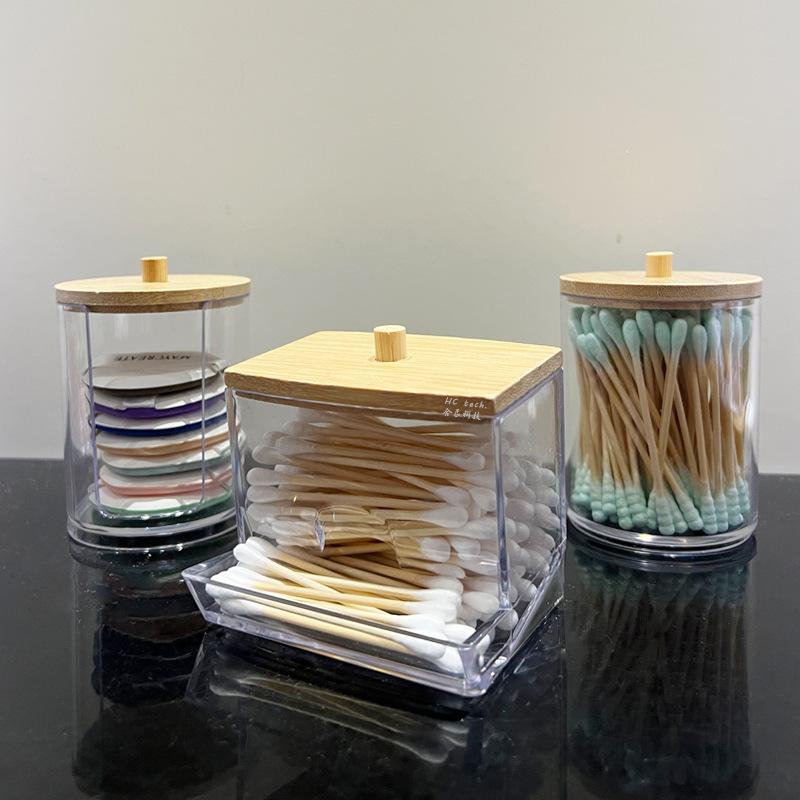 Acrylic Cosmetic Product Storage Box Containing Cotton Swab Container And Bamboo Lid Suitable For Toothpicks And Cotton Items