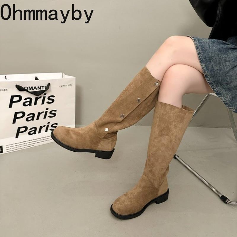 Winter Street Style Round Toe Knight High Women Boots Concise Low Heels Shoes Female Vintage Long Booties  De Muje
