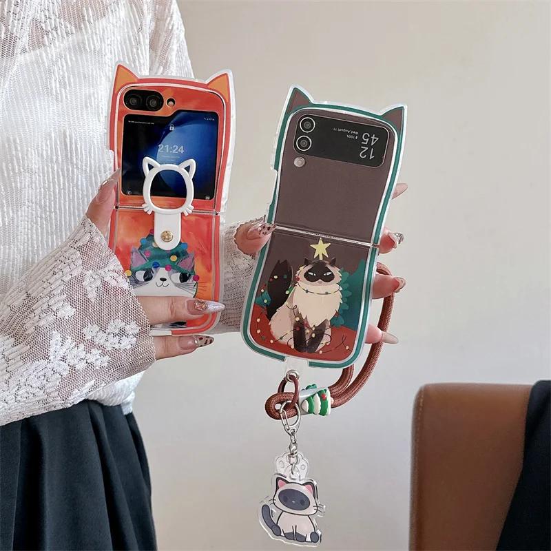 For Samsung Galaxy Z Flip 6 5 4 3 Case ZFlip6 Z Flip6 ZFlip 6 Cute Christmas Cat Pendant Lanyard Cat Ears Shockproof Cover