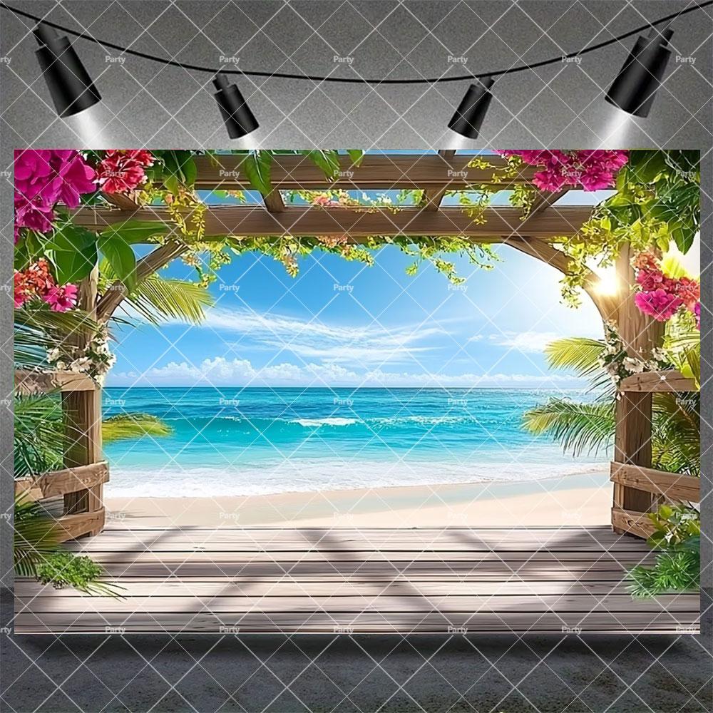 Hawaiian Tropical Summer Beach Background with Flamencos, Flowers, Aloha, Luau, Surfboard, for Parties, Photographic Studio Decoration