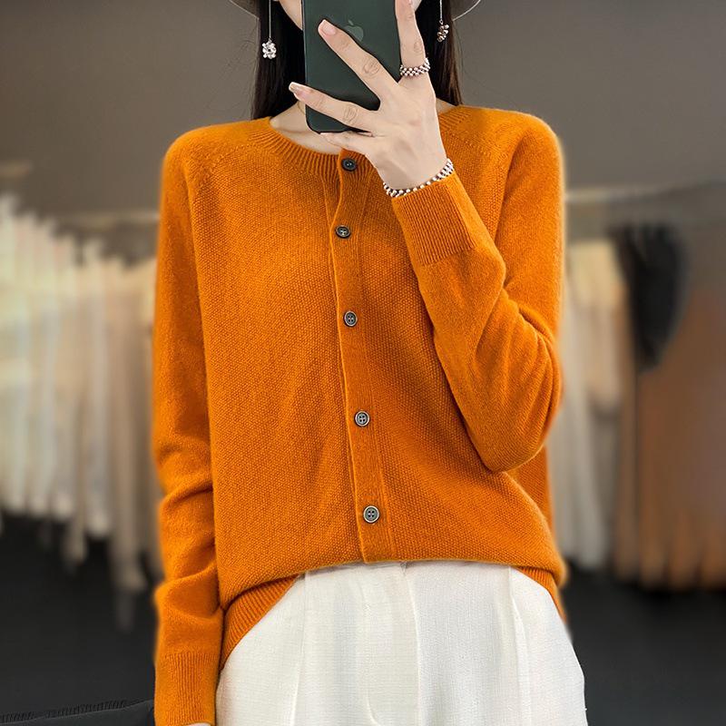 Women's Osmanthus Stitch Wool Cardigan - Round Neck, Loose Fit, Button-Up, Casual Knitwear Outerwear
