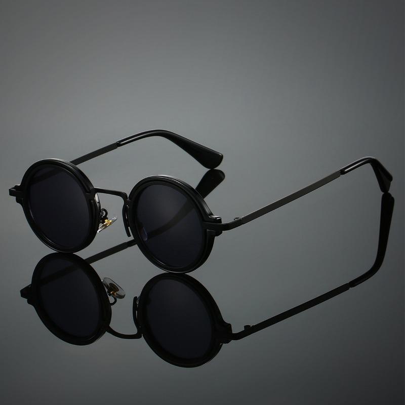 Vintage Rock Punk Sunglasses Small Round Frame Black Lens Wide Bridge Unisex Driving Eyewear Retro Style