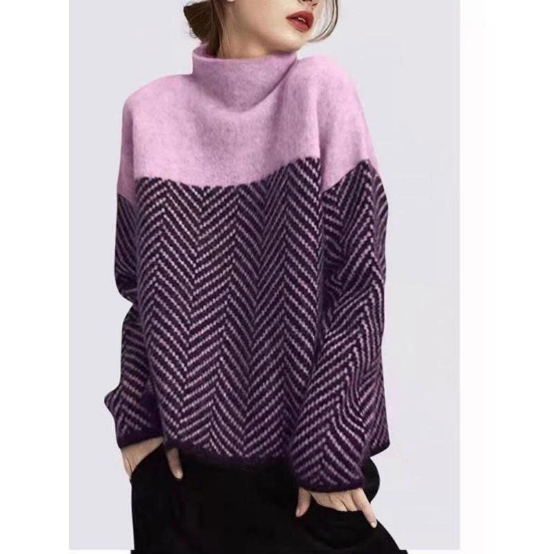 Womens Oversized Knit Sweater With Colorblock Stripe Design High Neck Loose Fit Winter 2025