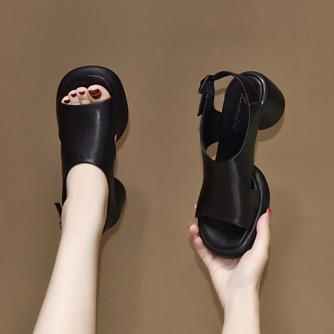 

Platform sandals women s 2024 summer new first-layer cowhide European and American style fish mouth rear empty sandals thick heel muffin and women s 35 чёрный