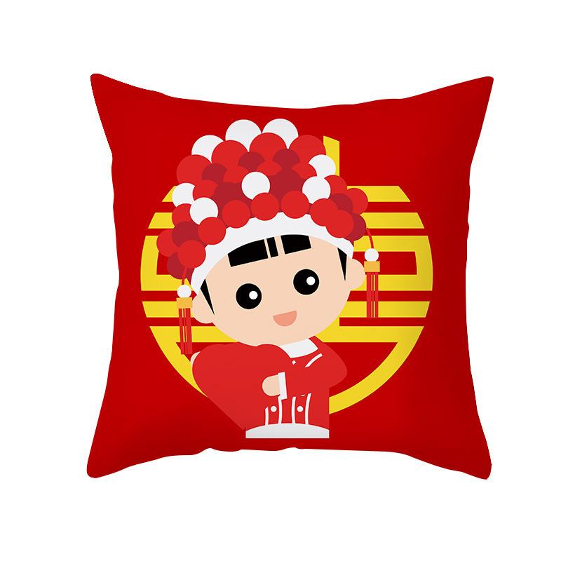 Red Double Happiness Character Pattern Throw Pillow Cover With Short Plush Print For Living Room Sofa Decoration Cushion Cover