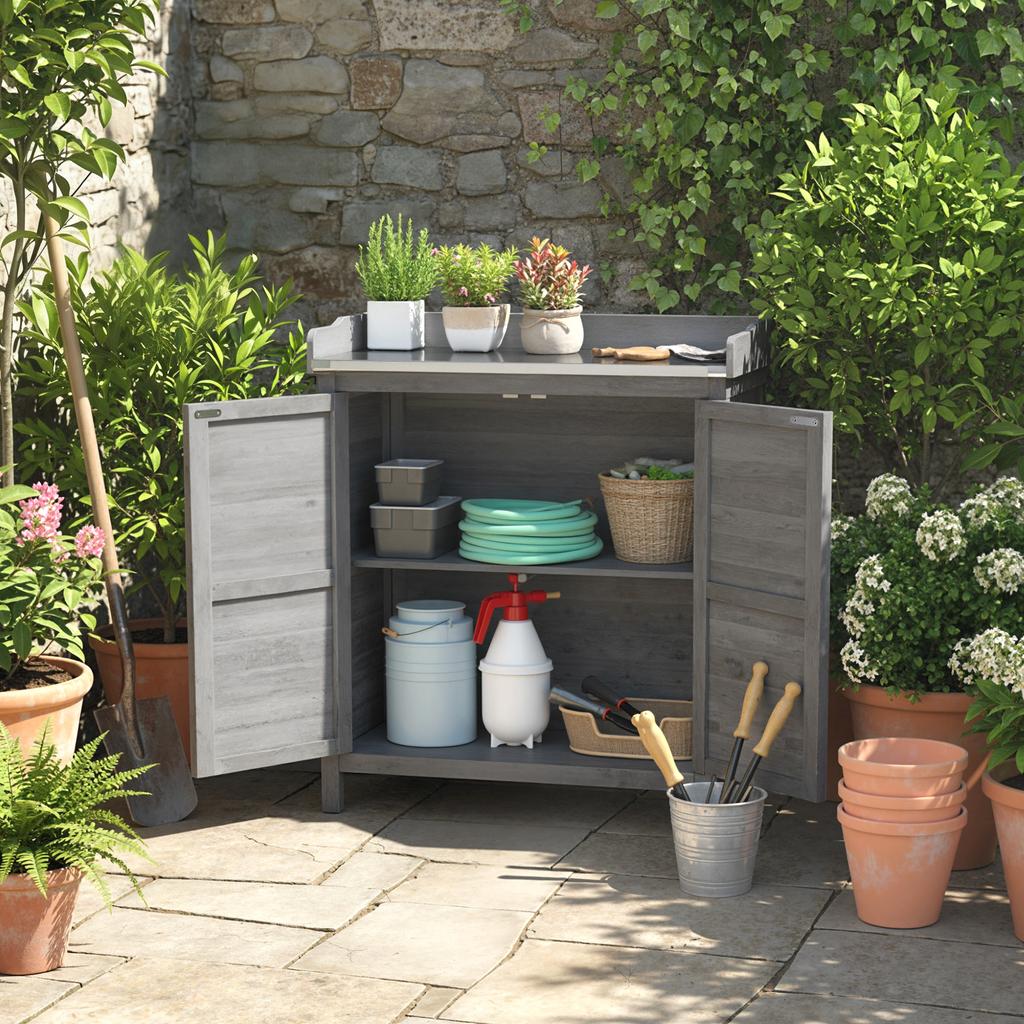Garden Cabinet with Potting Table, Wooden Tool Shed with Galvanized Worktop, 2 Shelves, Grey