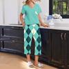 Women Casual Loose Fit Short Sleeve T Shirt and Capri Pants Pajama Set V Neck Top with Pocket Printed Lounge Wear Set