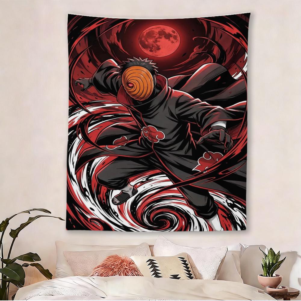 Naruto Obito Tapestry, Akatsuki Tobi Wall Hanging, Red Moon & Swirl Anime Room Decor 100X70CM