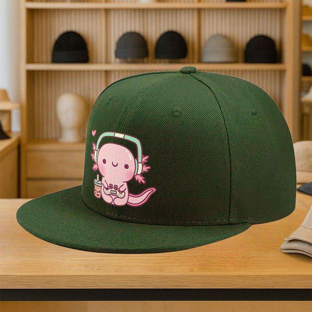 Cute Gamer Axolotl Print Baseball Cap Polyester Adjustable Streetwear Casual Snapback Hat