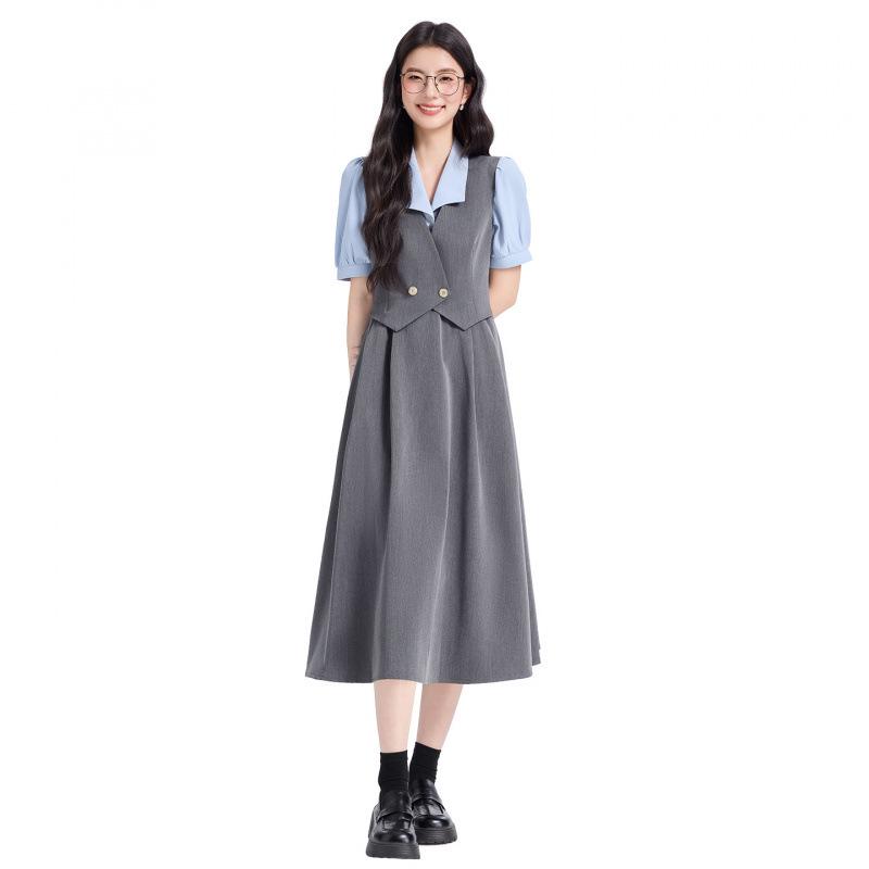 Age-Defying Preppy Vest Dress Set for Female College Students - Ideal for Exams & Interviews, Includes Shirt and Vest Dress