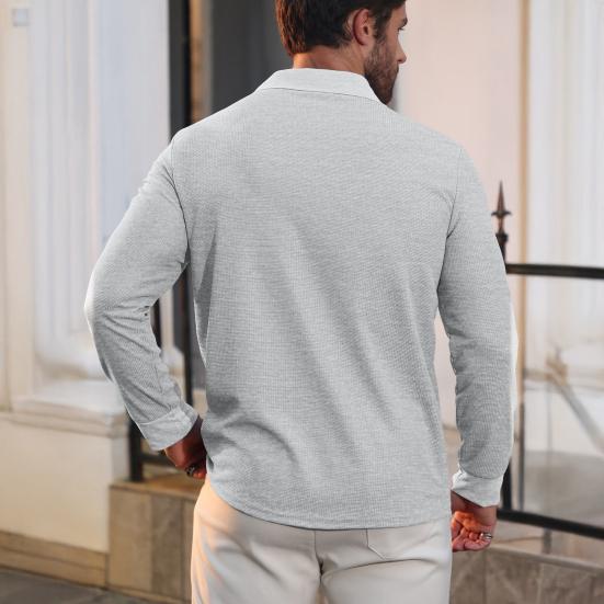 Camisa de Golf Waffle para Hombre Manga Larga Cuello Campana Camisa Botonadura Parcial Camisa Casual para Vacaciones Oficina Fiesta Cita