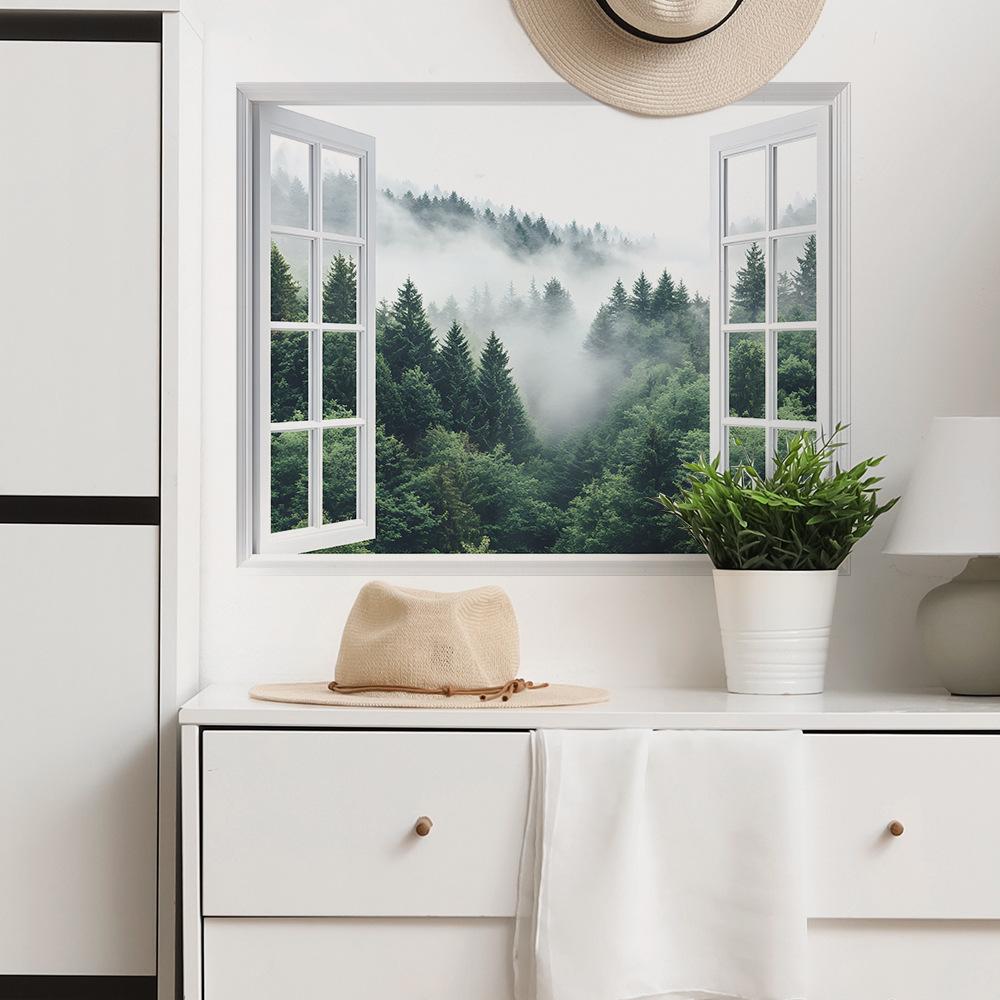Naklejki ścienne okno 3D do lasu Realistyczny widok natury Mural do sypialni, salonu, przedpokoju i małych pomieszczeń Dekoracja ścienna