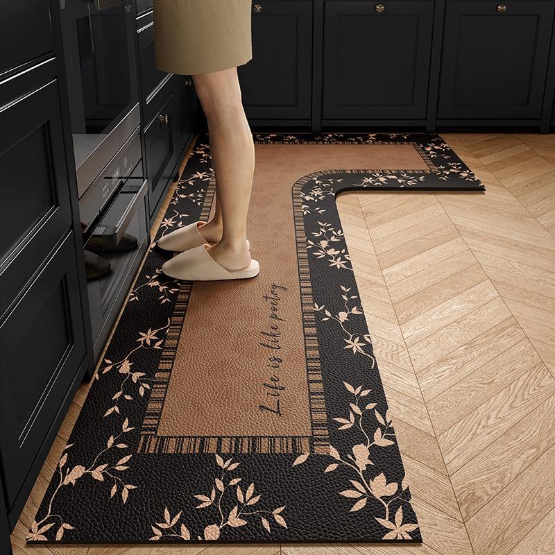 Kitchen Floor Mat PVC Waterproof Non-slip Carpet L Shape Brown Leather Foot Mat Floral Rug Texture Home Decorative Carpets