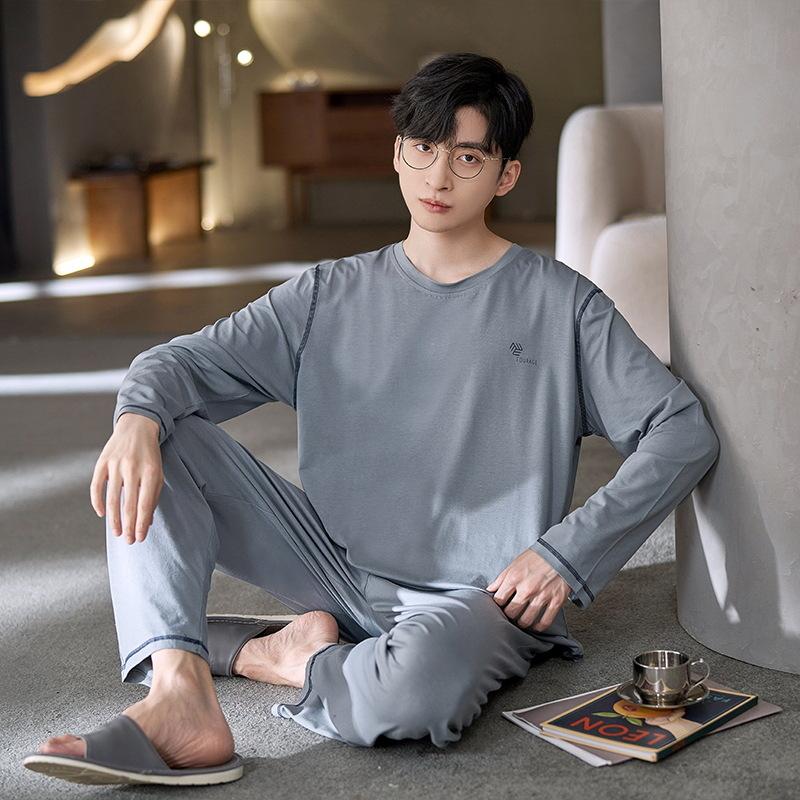 Cotton Nightwear for Men 2 Pieces Set Pajamas Spring Long Sleeves Sleeping Tops Trousers Sleepwear