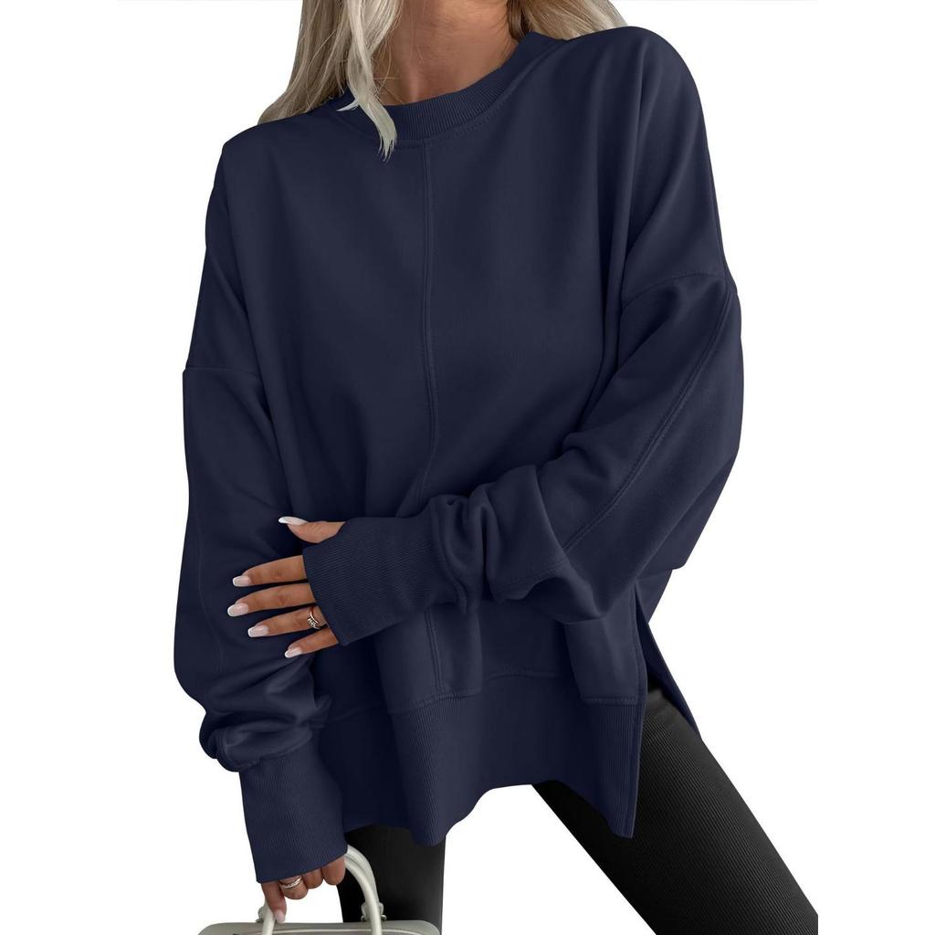 Autumn Winter Women's Split Hem Sweatshirt, Round Neck Long Sleeve Layering Top with Solid Color Design, Casual Basic Loungewear for Daily Wear
