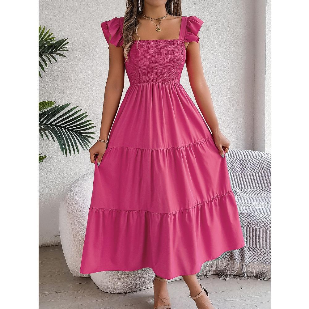 Summer Solid Colour Square Neck Wooden Ear Side Waist A-Line Long Women's Loose Casual Dresses