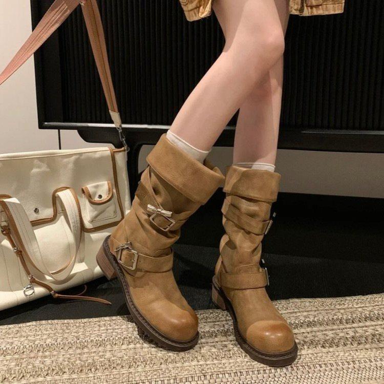 Medium Boots Tooling Long Tube Thick Heel Retro Women'S Locomotive Boots Martin Boots But Knee Boots