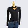 Autumn and Winter V-neck Hanging Neck Solid Knit sweater Pullover Top Bottoming Shirt Women clothes Puff sleeve Hollow Design Sense