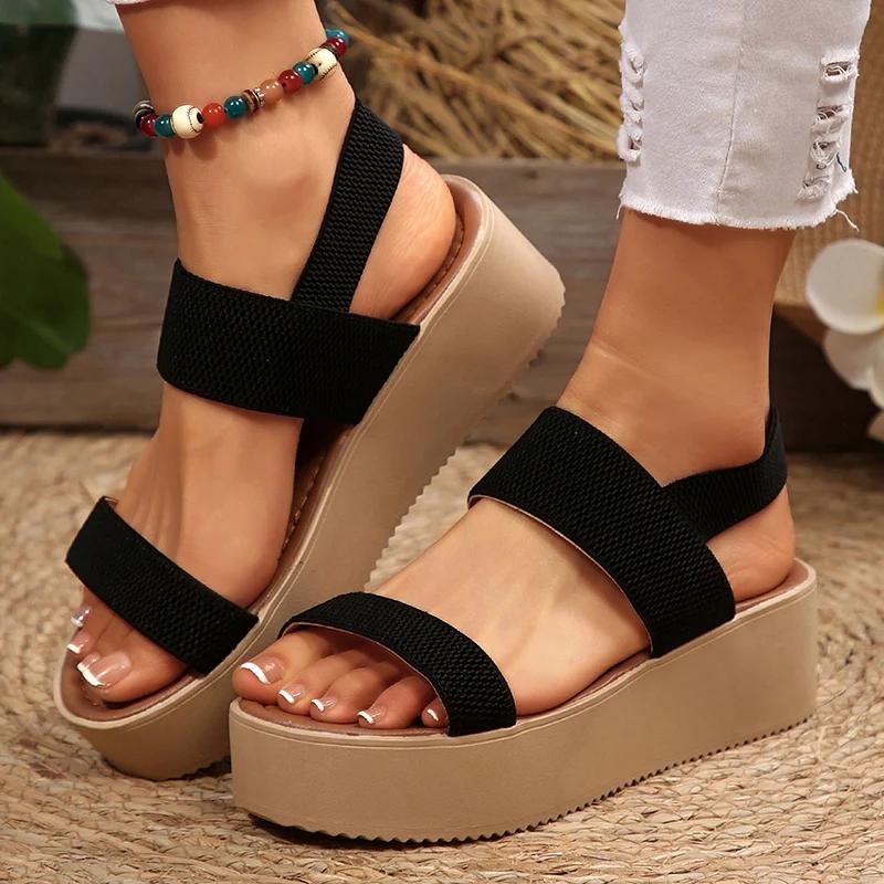 

Fashion Elastic Band Chunky Platform Sandals Woman Fashion Thick Sole Wedge Sandals for Women Summer 2025 Comfort Non Slip Beach Shoes 36 чёрный