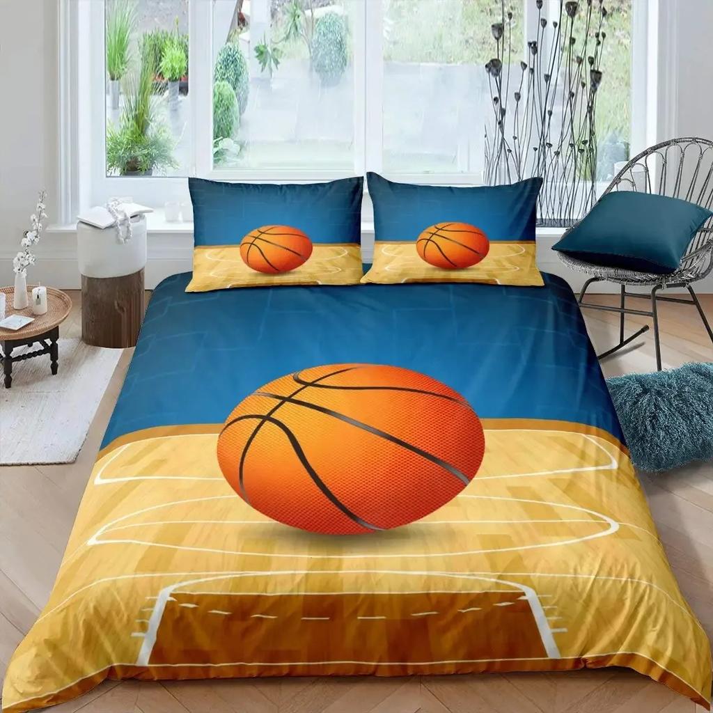 Basketball Duvet Cover Set Black 3D Ball Sports Theme Bedding Set Microfiber Basketball Court Competitive Games King Quilt Cover