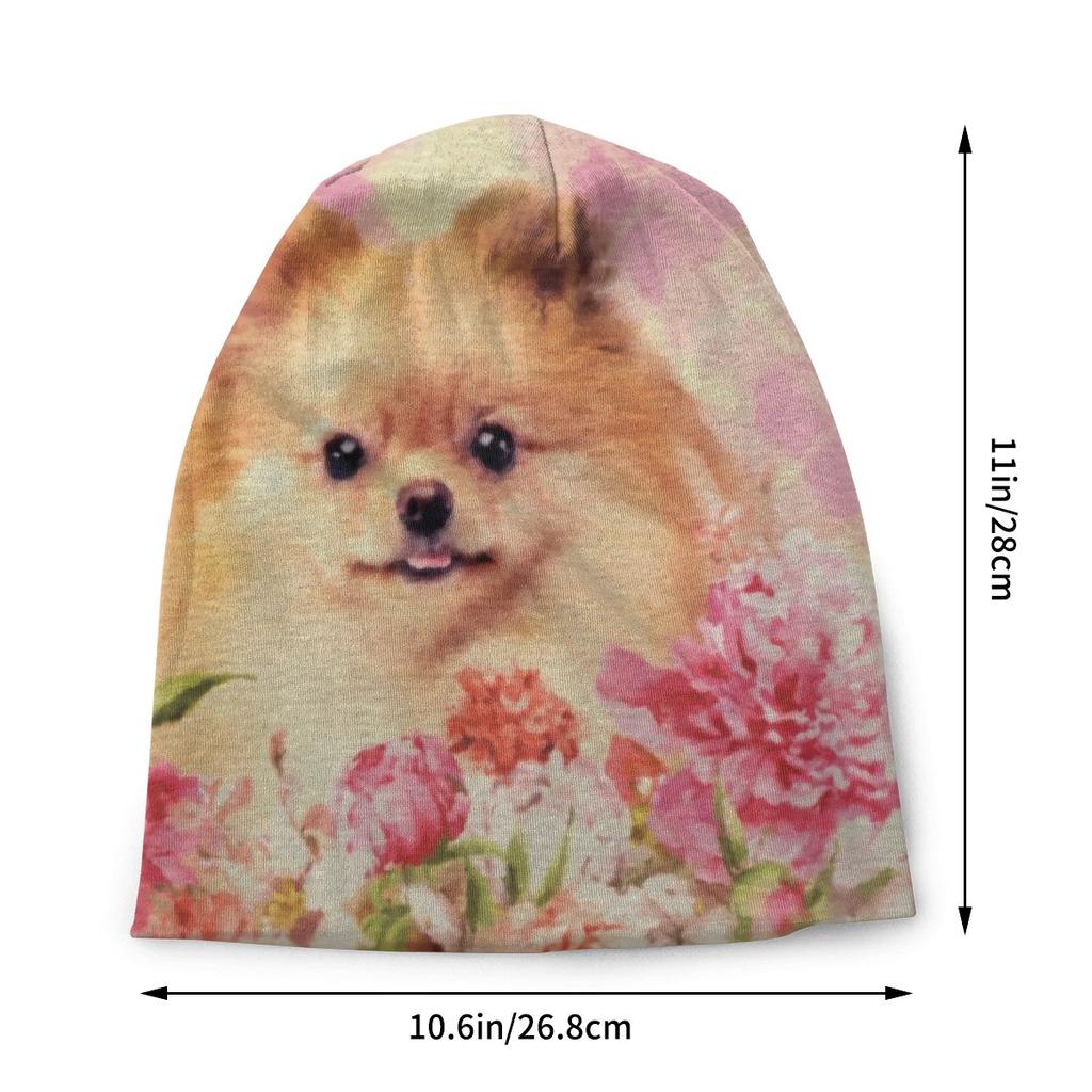 Winter Warmer süßer Pomeranian Deutscher Spitz mit Blumen Motorhaube Femme Beanie Mütze Hippie Haustier Hund Outdoor Ski Skullies Beanies Cap