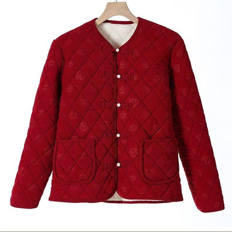 Short Diamond Grid Cotton Jacket for Middle-aged and Elderly Women Lightweight Small Cotton Jacket