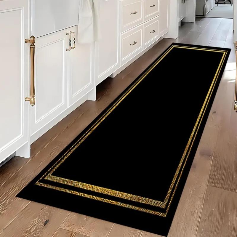 Tappetino da Cucina Moderno Semplice Nero e Oro Bordo a Strisce Tappetino Antiscivolo per Pavimento Anti-affaticamento per Area Decorazione Casa Tappeto Runner Lavabile